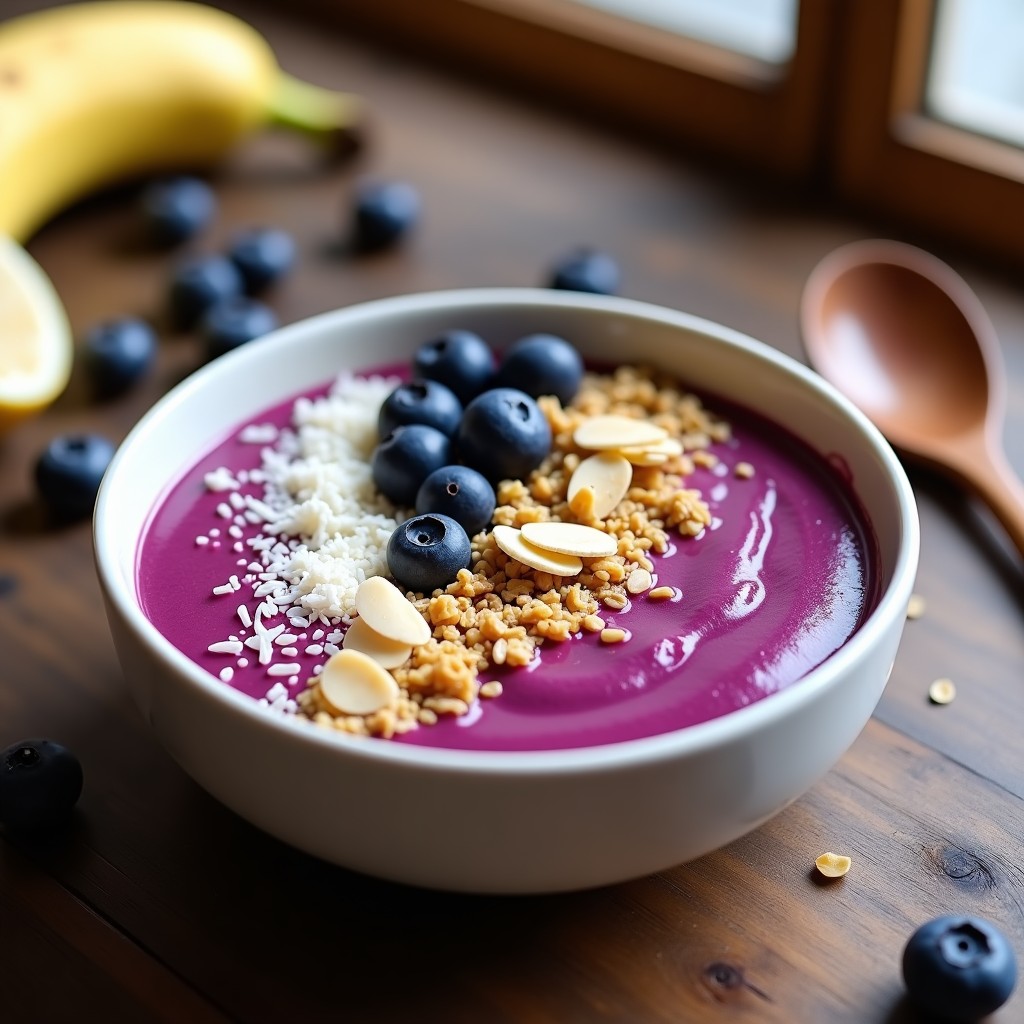 Smoothie bowl morado vibrante en bol blanco, con base cremosa de remolacha y arándanos, coronado con granola, coco rallado, almendras fileteadas y miel. Desayuno saludable y lleno de antioxidantes.