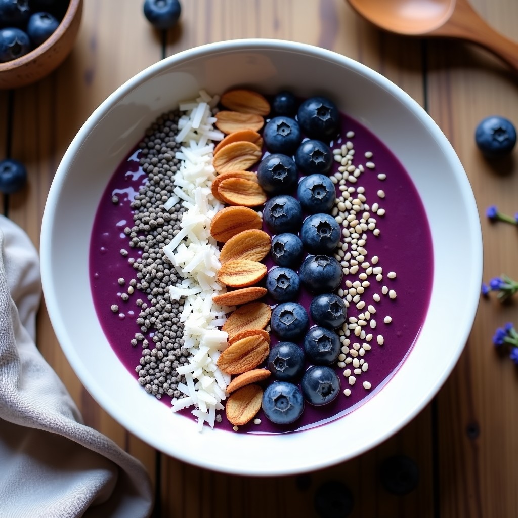 Bol de cerámica blanca con Smoothie Bowl de Moras Azules y Semillas de Cáñamo, base morada cremosa, decorado con granola dorada, coco rallado, arándanos frescos y semillas de cáñamo. Desayuno antioxidante colorido y apetecible.