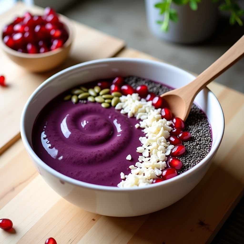Smoothie bowl de moras y espirulina en bol blanco, con base morada intensa, decorado con coco rallado tostado, semillas de calabaza, granada desgranada y semillas de chía, sobre fondo de madera clara con cuchara de madera.