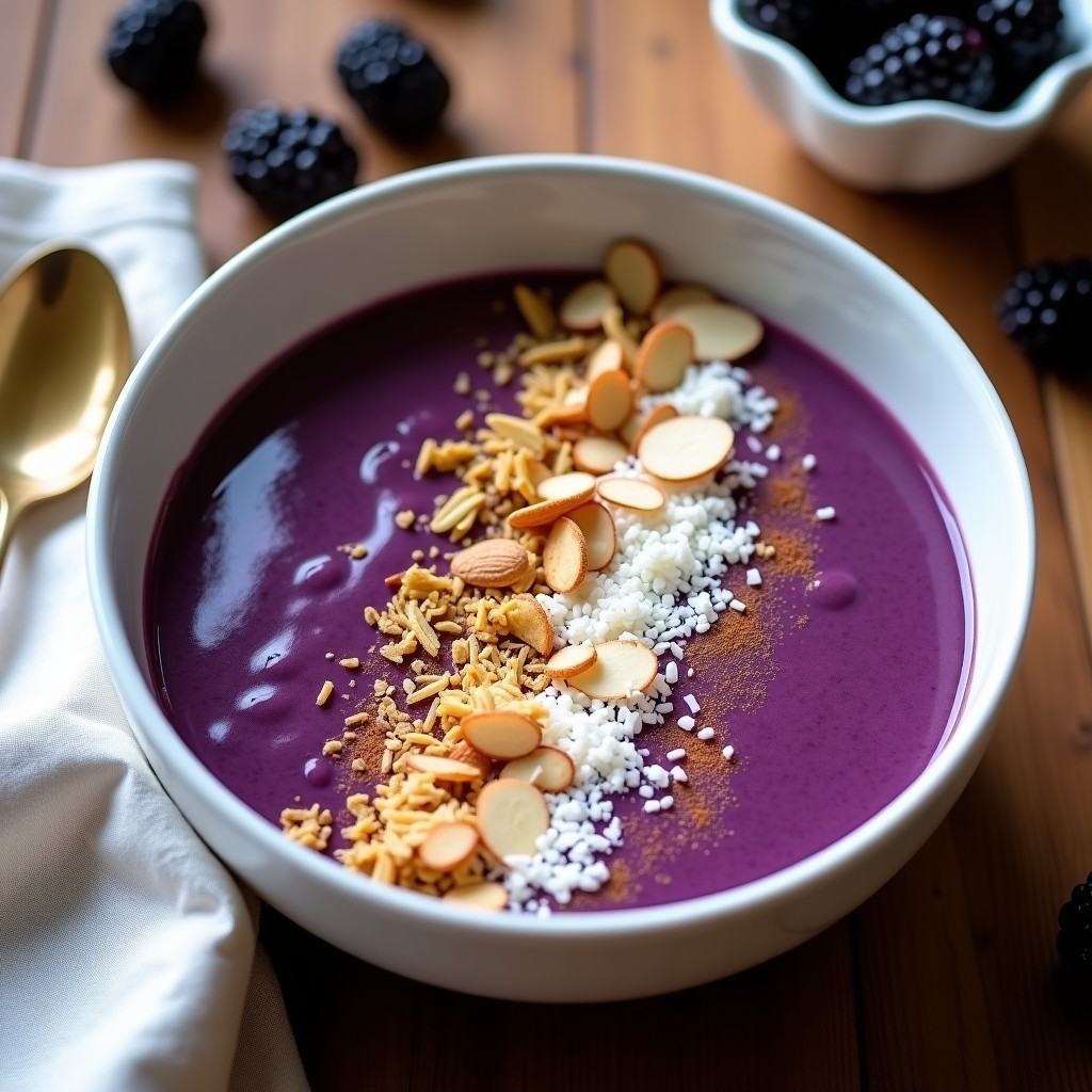 Smoothie bowl de moras y semillas de sacha inchi en un bowl blanco sobre fondo de madera. El bowl tiene un color morado vibrante, decorado con semillas de sacha inchi, coco rallado y almendras fileteadas. Textura cremosa y toppings crujientes. Desayuno keto y antioxidante.