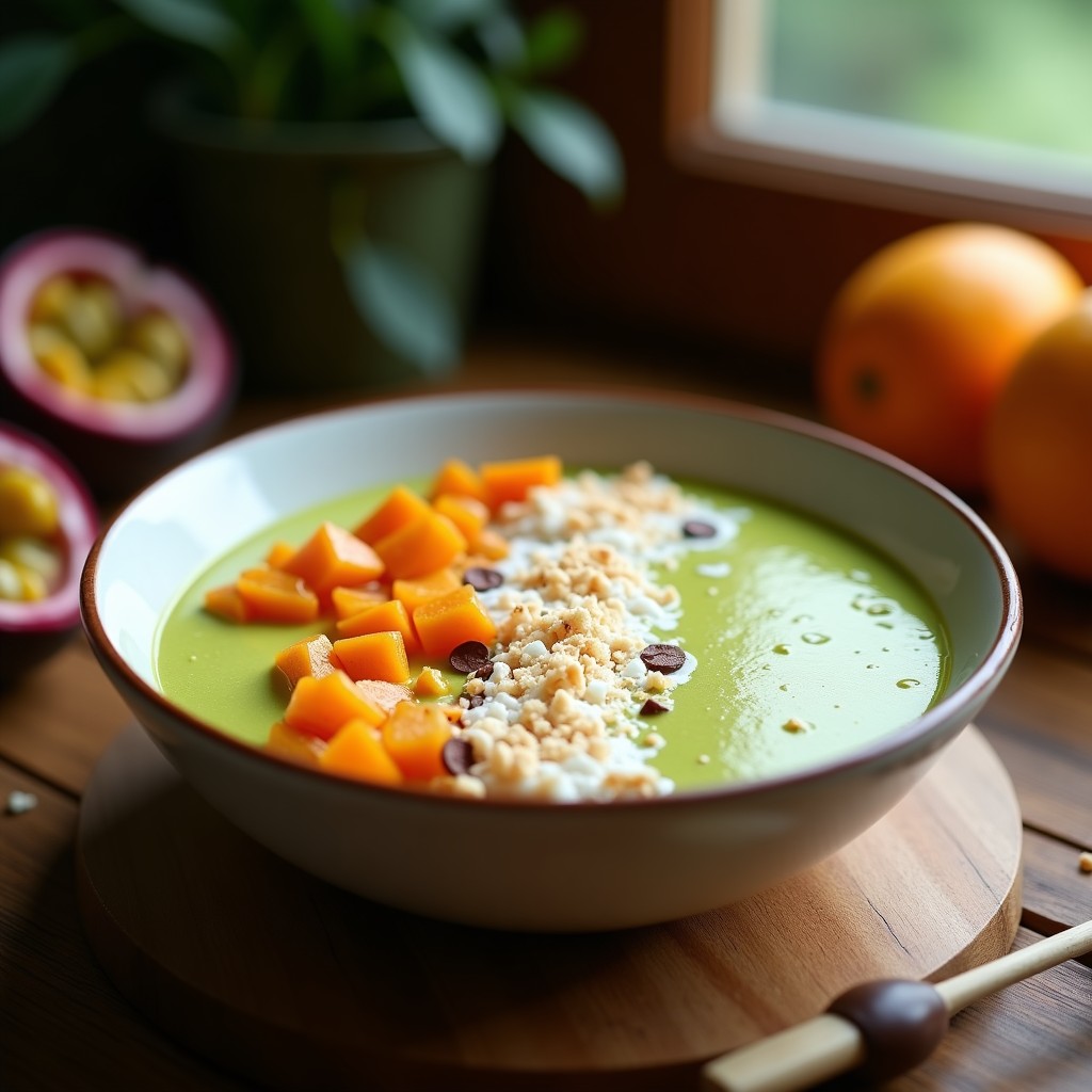 Smoothie Bowl de Moringa y Maracuyá con toppings de coco rallado, copos de quinoa inflados, almendras fileteadas y un hilo de miel de agave. Base cremosa de color amarillo verdoso con textura espesa, servida en un bol blanco sobre fondo de madera rústica. Desayuno superalimento sin lactosa, saludable y vibrante.