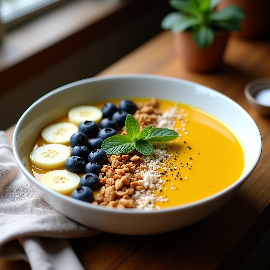 Smoothie Bowl de Pacay y Cúrcuma en un bowl de cerámica blanca, con base cremosa de color amarillo dorado, coronado con granola crujiente, coco rallado, arándanos frescos y hojas de menta. Foto de cerca con fondo borroso de cocina natural.