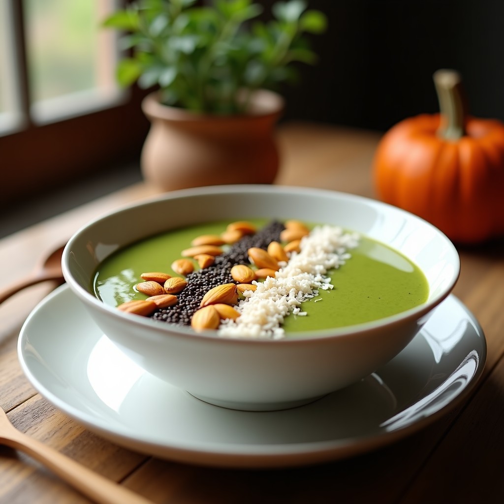 Smoothie Bowl cremoso de color verde suave en un bol de cerámica blanca, decorado con pépitas de calabaza tostadas, coco rallado, nueces picadas y un espolvoreado de canela. Fondo con texturas naturales y luz suave.