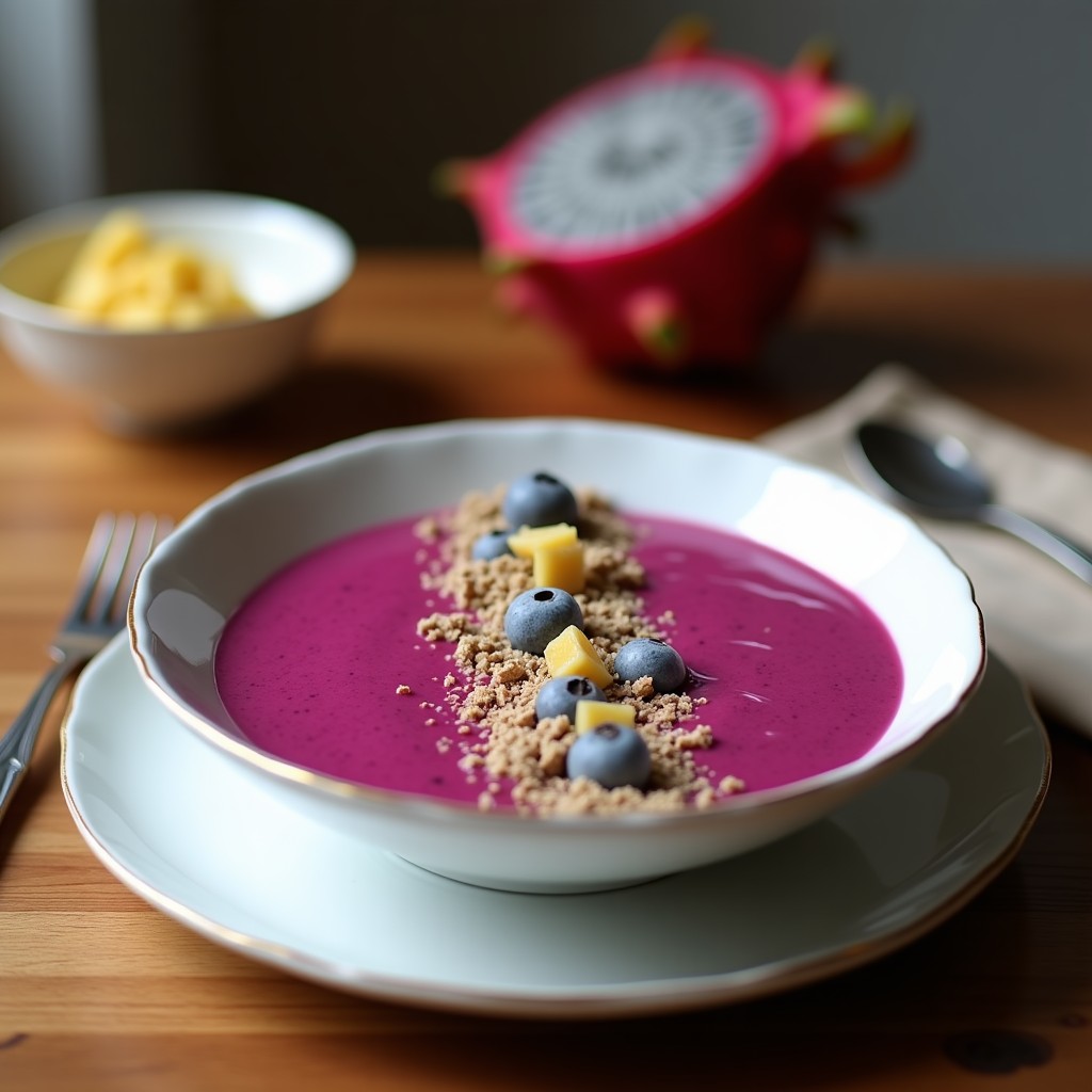 Smoothie Bowl de Pitahaya y Chía en un bol blanco con base rosada cremosa, decorado con semillas de chía negras, rodajas de pitahaya roja, coco rallado y almendras fileteadas. Desayuno sin azúcar y rico en fibra sobre fondo de madera clara.