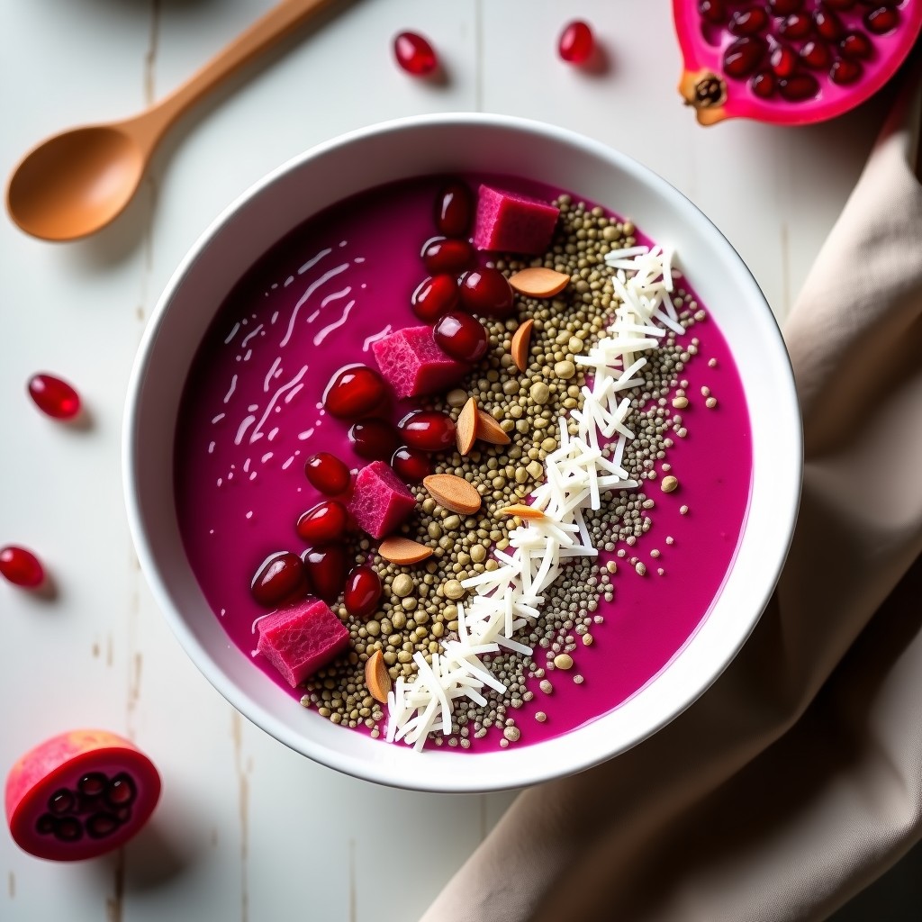 Smoothie Bowl de Pitahaya y Espirulina servido en bol blanco con toppings de semillas de chía, cáñamo, coco rallado y granada. Base cremosa de color rosa vibrante y decoración colorida en capas, desayuno detox y nutritivo.