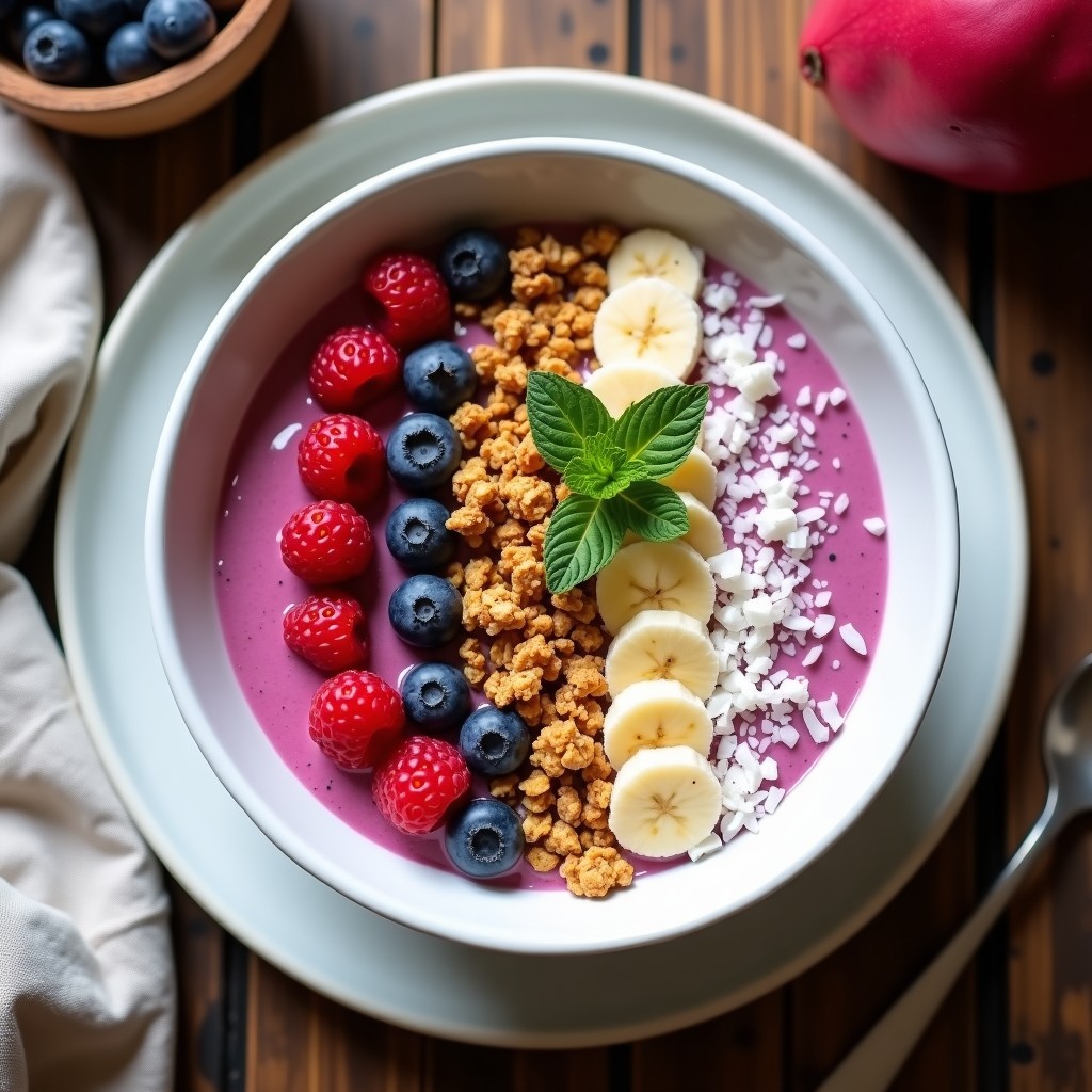 Smoothie bowl de pitahaya y granola de almendras en un bol blanco, con base cremosa rosa pálido, coronado de granola dorada crujiente, frutos rojos frescos y hojas de menta. Desayuno antioxidante colorido y apetitoso.
