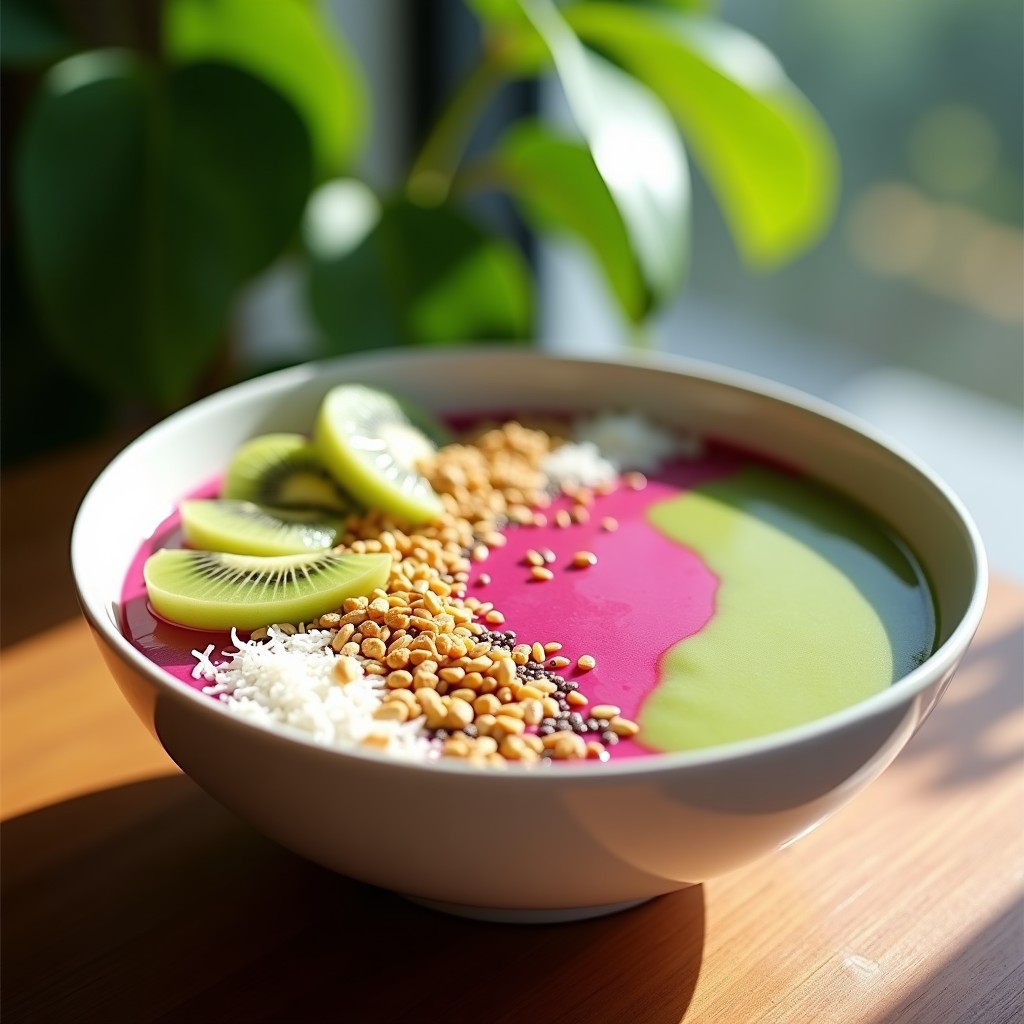 Smoothie bowl de pitahaya y kiwi vegano en un bowl blanco, con base rosa vibrante y verde del kiwi, decorado con granola de almendras, coco rallado, semillas de sésamo negro, rodajas de kiwi y pétalos de rosa comestibles. Fondos borrosos de hojas de hierbabuena y luz natural.