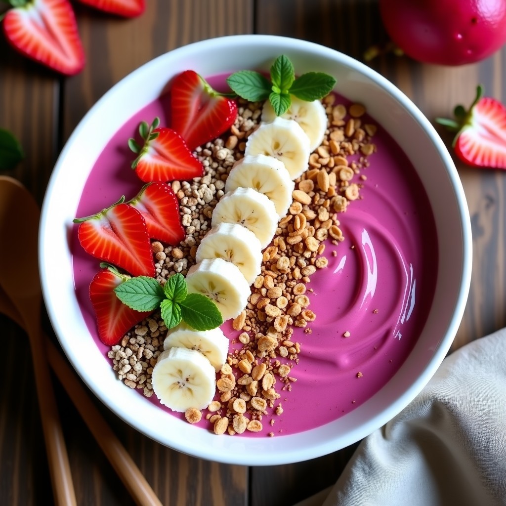 Smoothie bowl de pitahaya rosa con toppings de granada, coco rallado y almendras, espolvoreado con chile en polvo, servido en un bol blanco sobre fondo rústico.