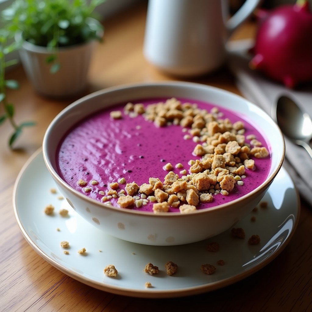 Smoothie bowl de pitaya y coco en bol blanco con granola de semillas de cáñamo, frutos rojos, coco rallado y hojas de menta, servido sobre fondo de madera clara.