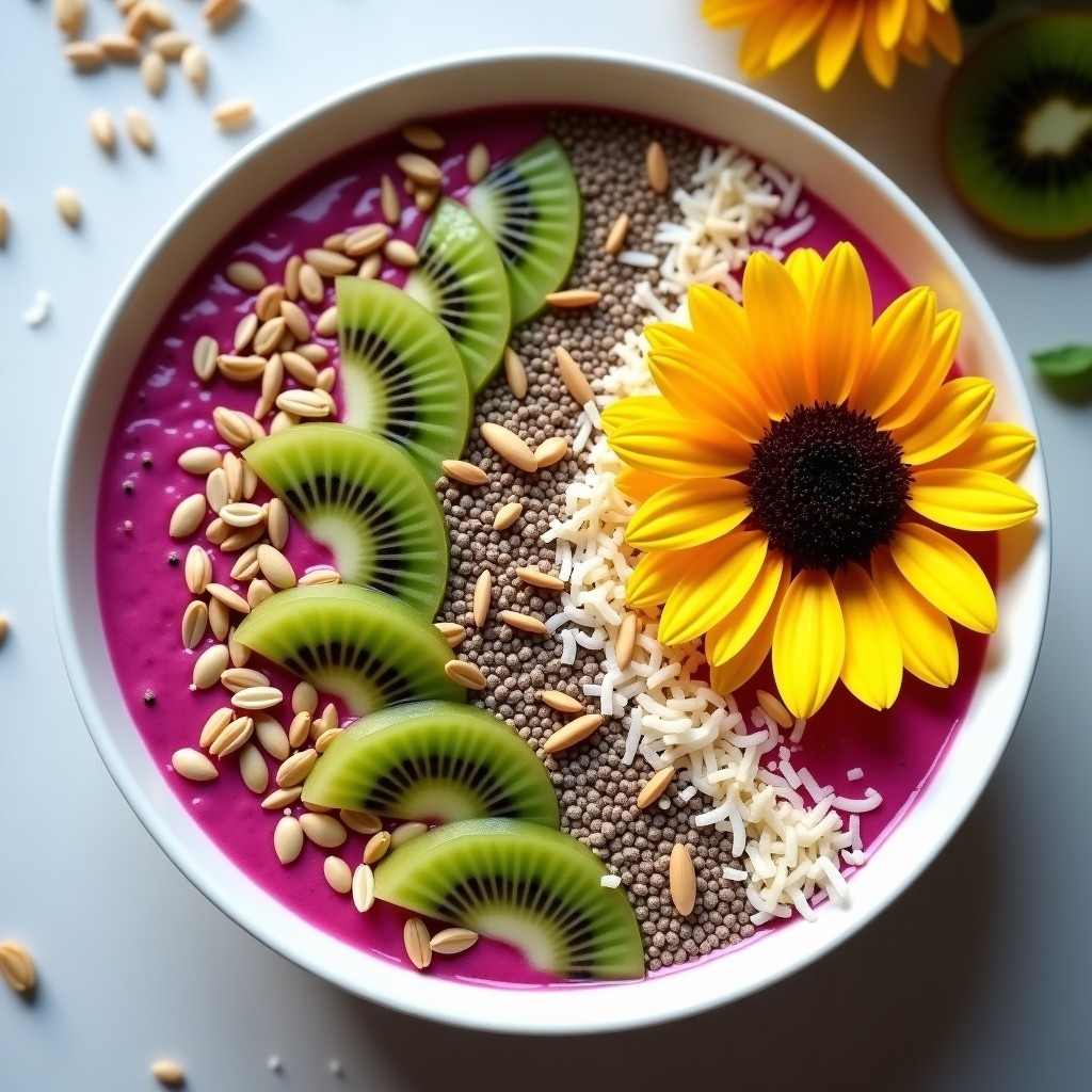 Bol de desayuno colorido con smoothie bowl de pitaya y kiwi, decorado con rodajas de kiwi, semillas de girasol, calabaza, chía y lino dorado, espolvoreado con coco rallado y un hilo de miel de agave. Plato vibrante y saludable sobre fondo claro.