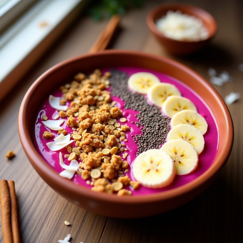 Bol de cerámica blanca con Smoothie Bowl de Pitaya y Plátano, base morada vibrante coronada con granola de amaranto dorado, almendras fileteadas, coco rallado y hojas de menta. Fondos borrosos con ingredientes frescos como pitaya y plátano.