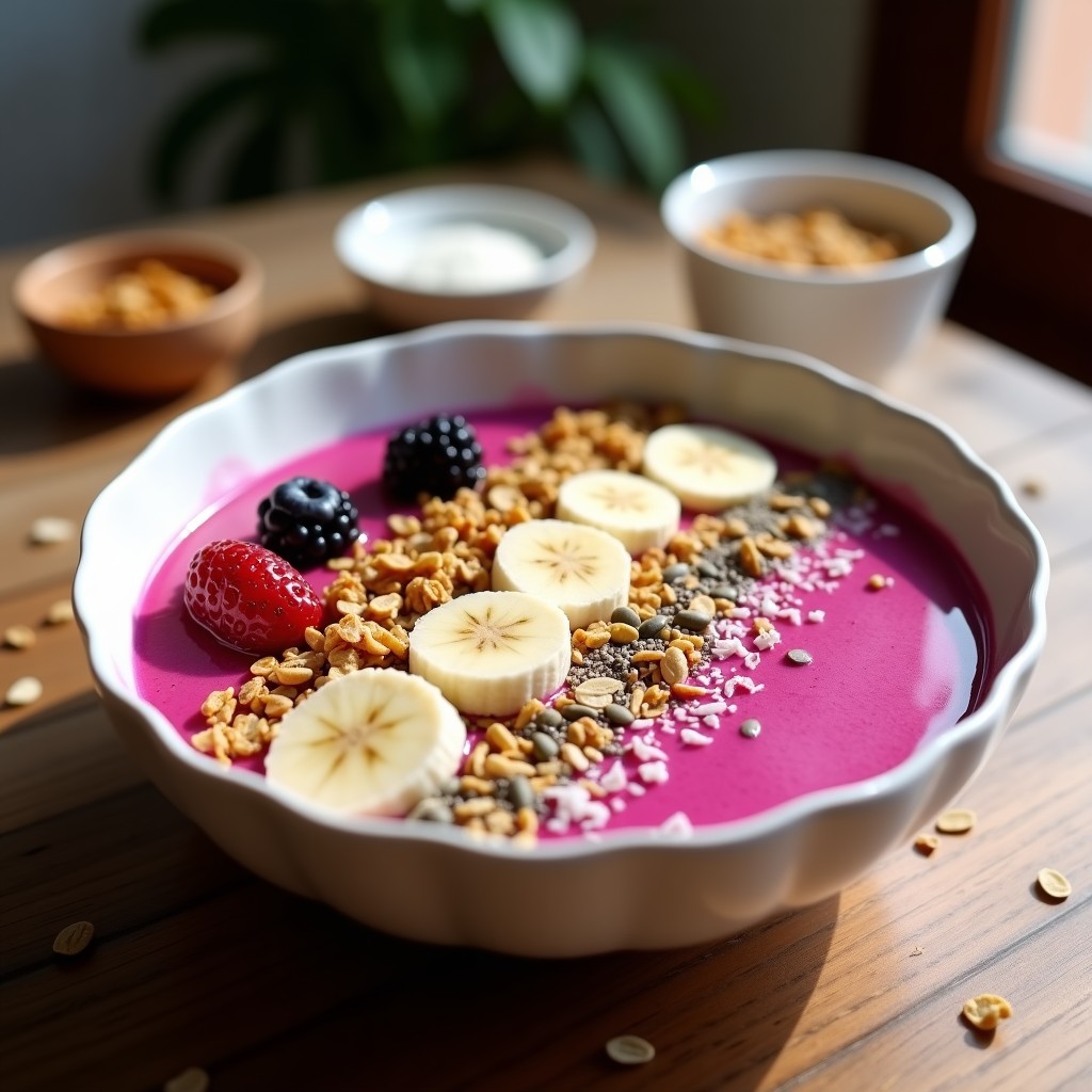 Smoothie Bowl de Pitaya y Plátano con granola de quinoa y semillas de calabaza, servido en un bol blanco sobre fondo de madera. El plato muestra capas de smoothie rosado, granola dorada, frutos rojos y semillas, con un toque de coco rallado.