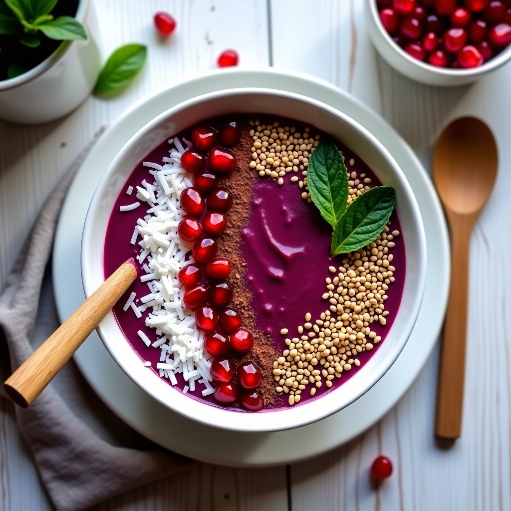 Smoothie Bowl de Remolacha y Cacao en un bol blanco hondo, con una base morada cremosa coronada por semillas de cáñamo, granada roja brillante, copos de coco blanco y almendras fileteadas doradas. Fondo claro con texturas naturales.