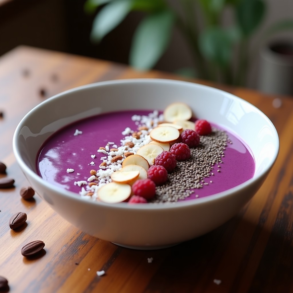 Smoothie bowl vibrante de color morado intenso, decorado con semillas de chía, almendras fileteadas y coco rallado, servido en un bol blanco sobre fondo de madera.