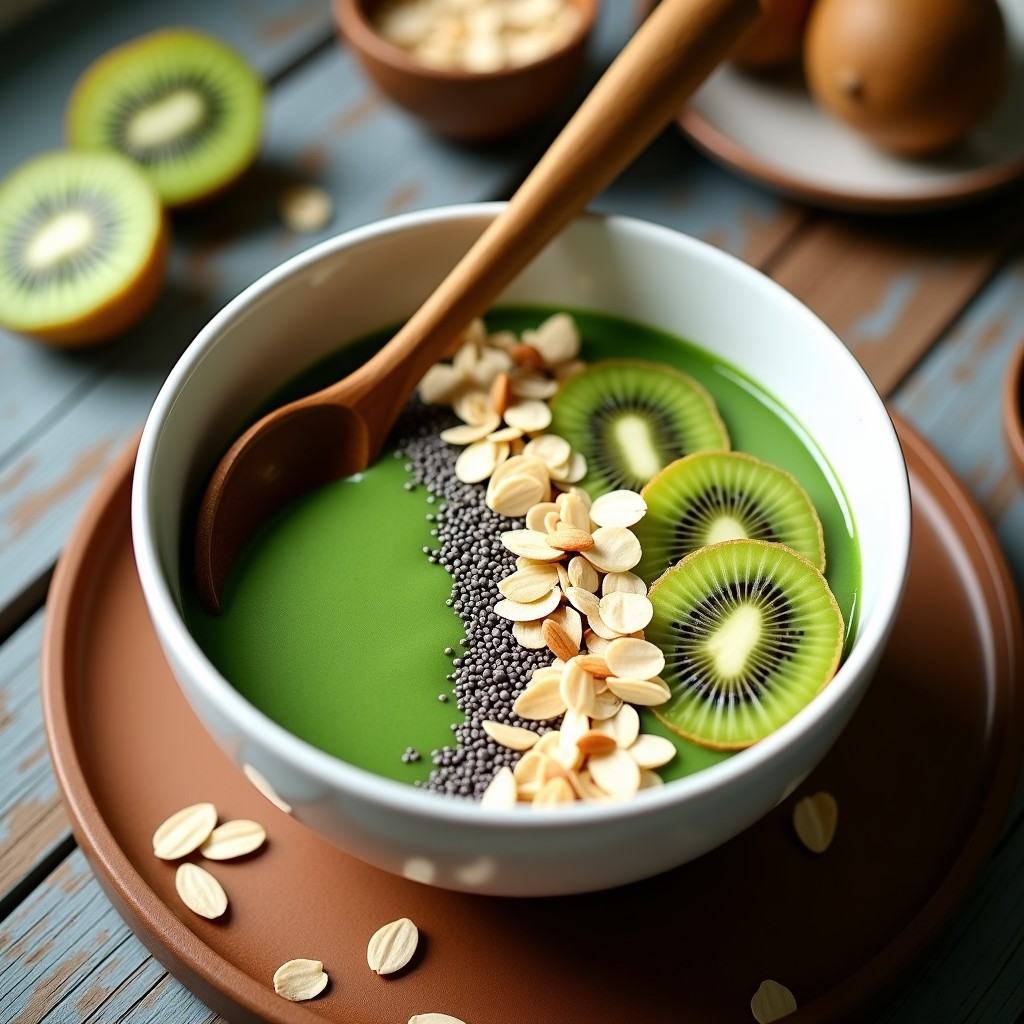 Smoothie Bowl de Spirulina y Kiwi en un bol blanco con toppings de semillas de chía, avena, almendras fileteadas y coco rallado, servido con una cuchara de madera sobre fondo claro.