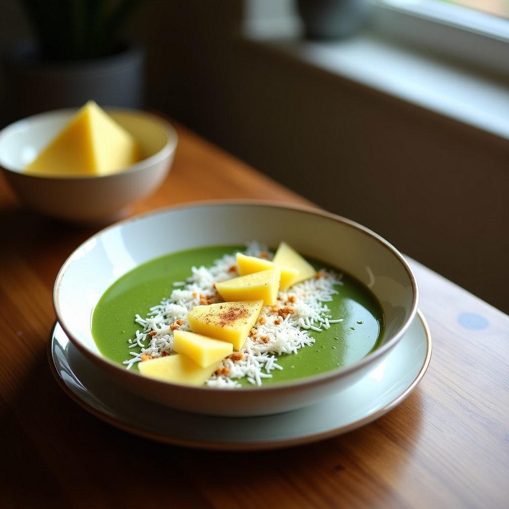 Smoothie Bowl de Spirulina y Piña en bol blanco con toppings de coco rallado, semillas de chía y almendras fileteadas. Desayuno detox colorido y apetitoso sobre fondo claro.