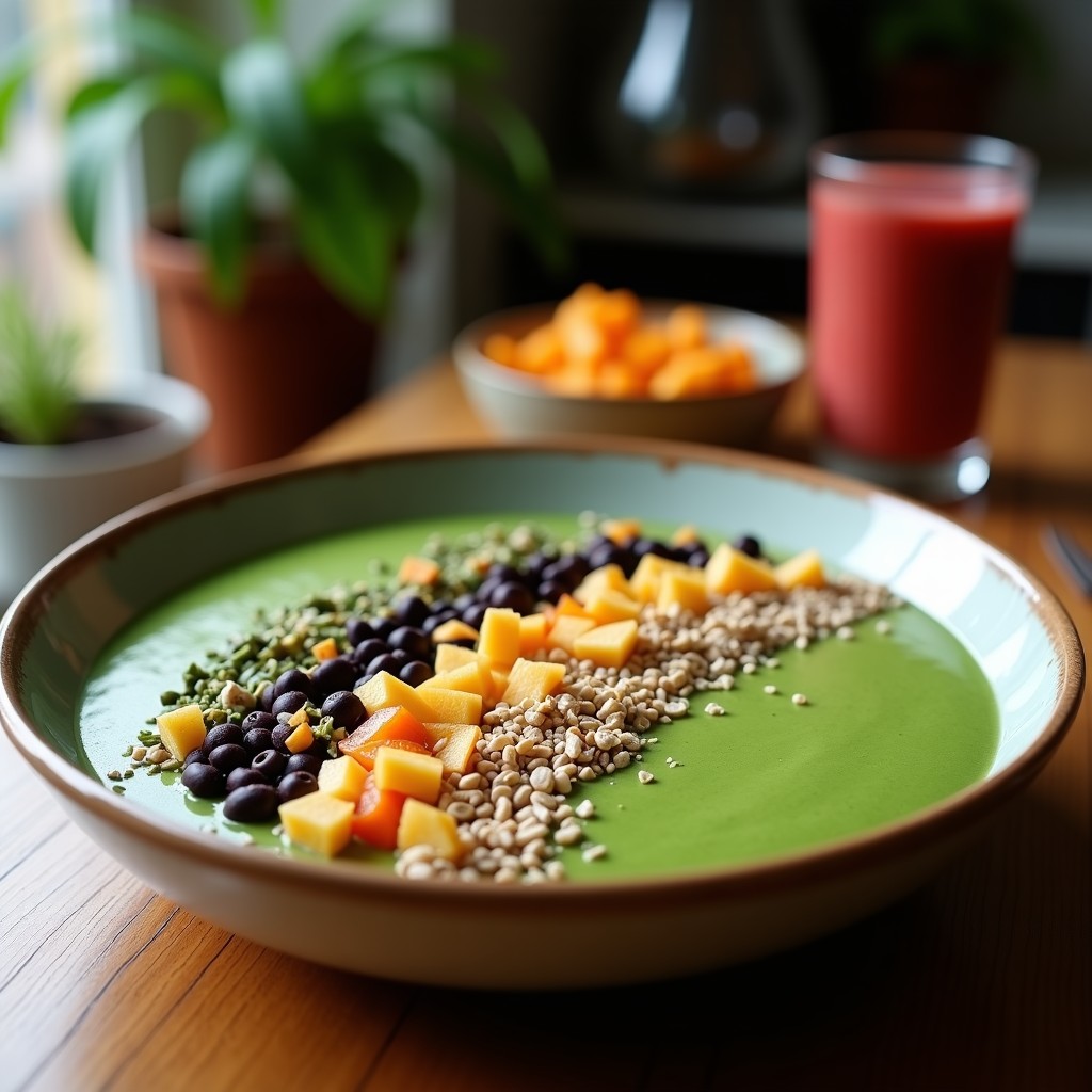 Smoothie bowl de spirulina y plátano con toppings crunchy en un bol blanco sobre fondo de madera. Base verde esmeralda coronada con semillas de girasol, copos de quinoa inflada, arándanos, granada y un hilo de miel de agave. Desayuno superalimento sin gluten lleno de color y texturas.