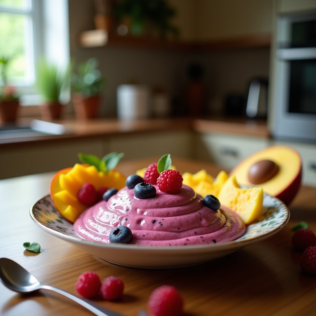 Smoothie bowl tropical en cuenco de cerámica blanca, base cremosa de color rosa y amarillo con toppings de granola, copos de coco, semillas de chía, almendras y hojas de menta.