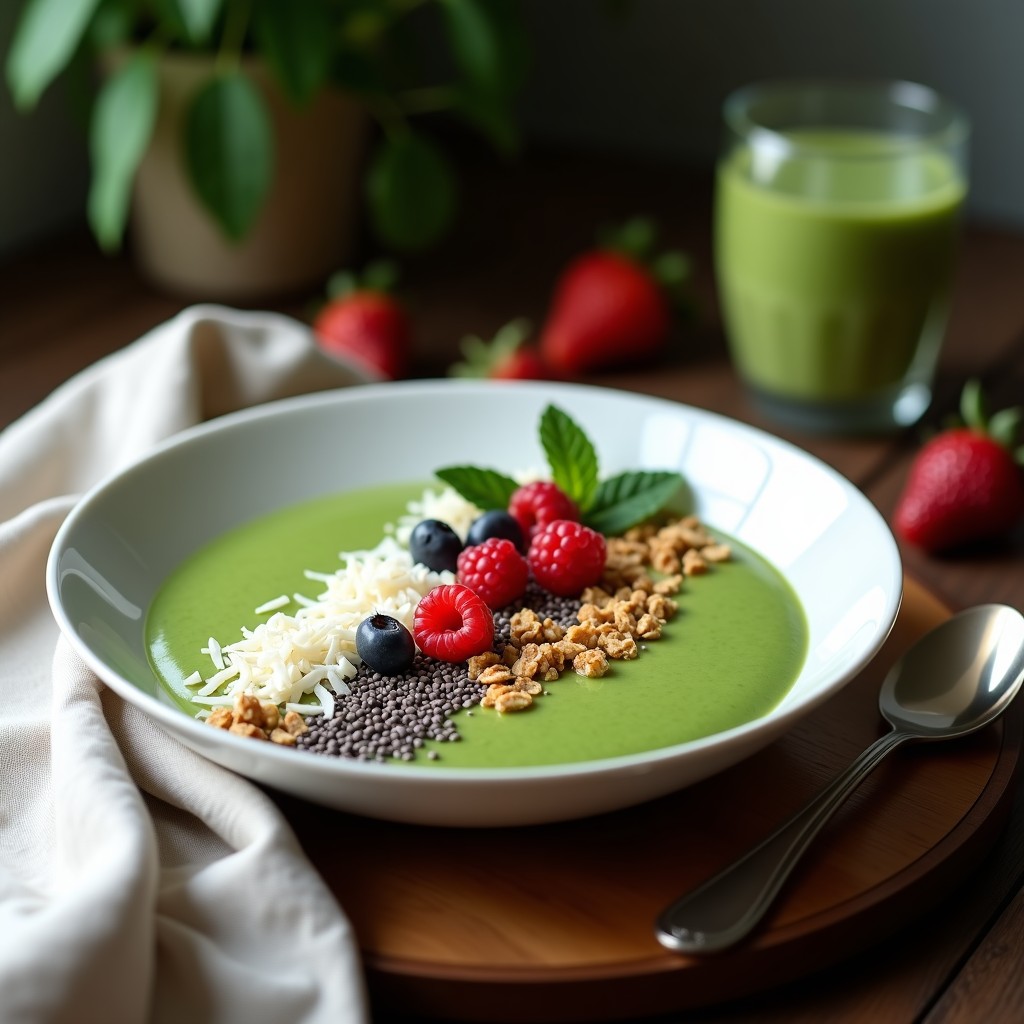 Smoothie bowl verde vibrante en cuenco blanco, decorado con granola, coco rallado y frutos rojos, rodeado de semillas de chía y hojitas de menta.