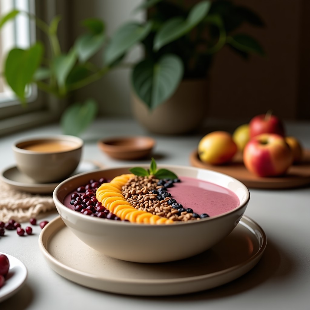 Smoothie bowl energético de café y plátano en cuenco blanco, decorado con almendras fileteadas, arándanos frescos y un espolvoreado de canela y cacao. Textura cremosa y toppings crujientes.