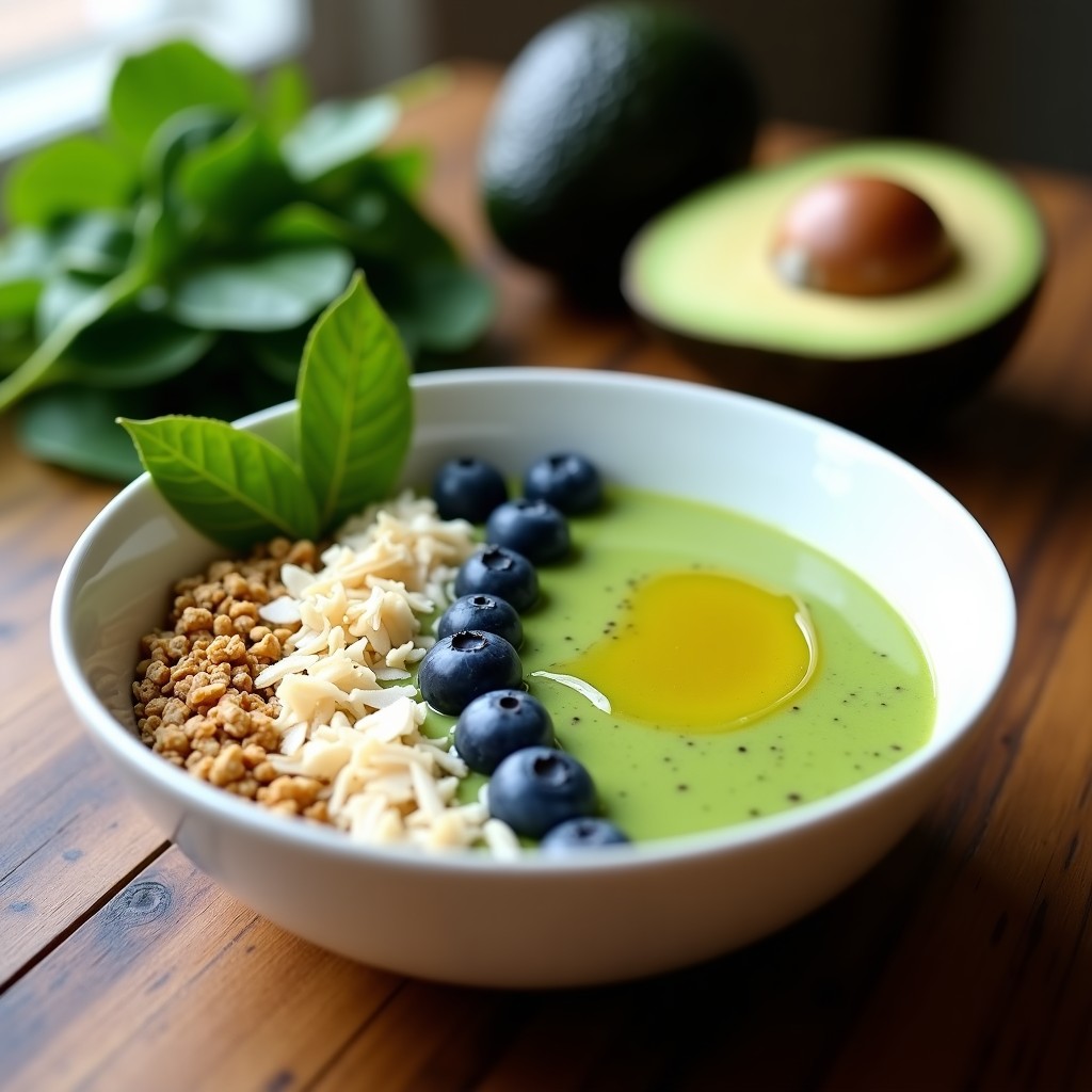 Smoothie bowl verde en un plato hondo blanco, con base cremosa de espinaca y aguacate, decorado con granola, coco rallado, arándanos y un hilo de miel. Receta detox y energética.