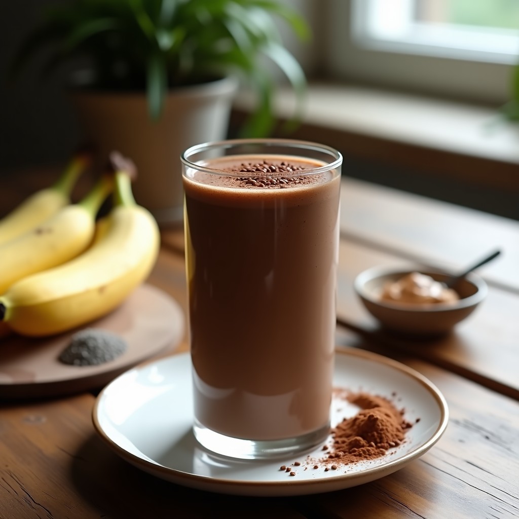 Vaso alto de cristal con smoothie de cacao y alpiste, bebida espesa y cremosa de color marrón oscuro, decorado con semillas de alpiste tostadas y una pizca de cacao en polvo. Fondo con ingredientes dispersos: plátano, cacao, chía y mantequilla de cacahuete.
