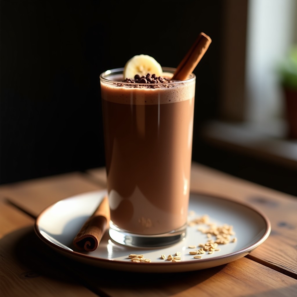 Vaso alto de cristal con smoothie de cacao y avena nocturno, espumoso y cremoso, decorado con virutas de cacao y una rodaja de plátano. Fondo oscuro con textura de madera rústica para resaltar el contraste.