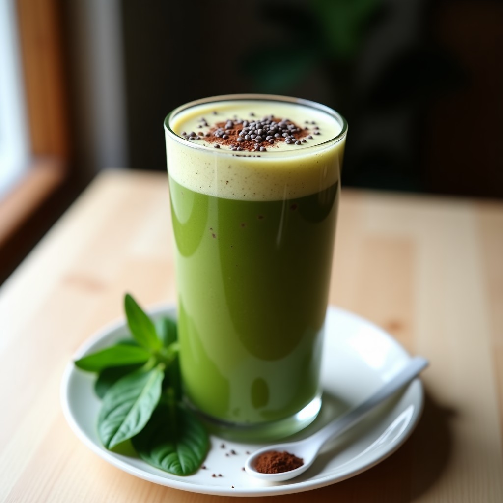 Vaso alto transparente con smoothie de cacao y espinacas, color verde oscuro intenso, coronado con semillas de lino dorado y virutas de cacao. Fondo claro con espinacas frescas y una cuchara de madera.