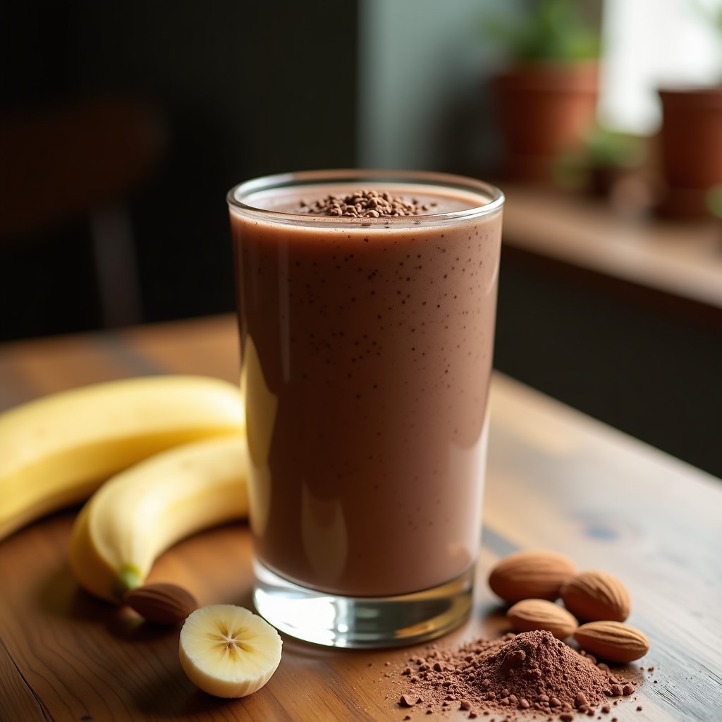 Vaso alto de cristal con smoothie espeso de color marrón oscuro, decorado con semillas de chía y cacao crudo en polvo, acompañado de una cuchara de madera sobre fondo rústico de madera. Receta de batido energético andino sin lácteos.