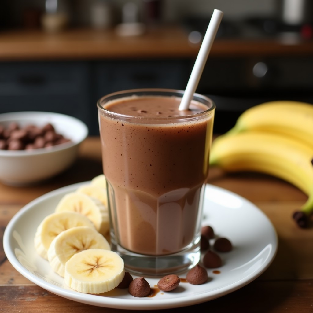 Vaso alto de cristal con smoothie de cacao puro y plátano keto, color marrón oscuro, espuma cremosa en la superficie, decorado con semillas de chía y canela en polvo, fondo blanco con toalla de lino y cacao en polvo esparcido.