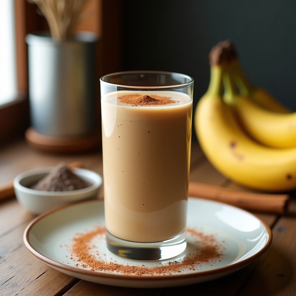 Vaso alto de cristal con smoothie cremoso de color marrón claro, decorado con una pizca de canela en polvo. Fondo con ingredientes: plátano, semillas de chía y café de achicoria.
