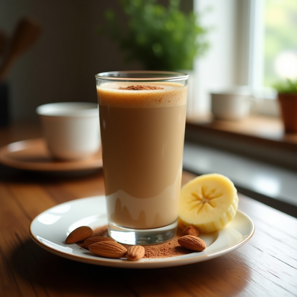Vaso alto transparente con smoothie de café y almendra, cremoso y espumoso, decorado con canela en polvo y una rodaja de plátano al lado, sobre fondo rústico de madera.