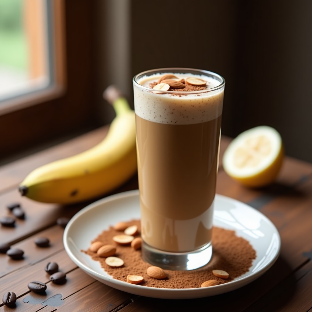 Vaso alto transparente con smoothie de café y almendras, espuma cremosa en la superficie, decorado con canela y almendras fileteadas, fondo con granos de café y un plátano al lado.