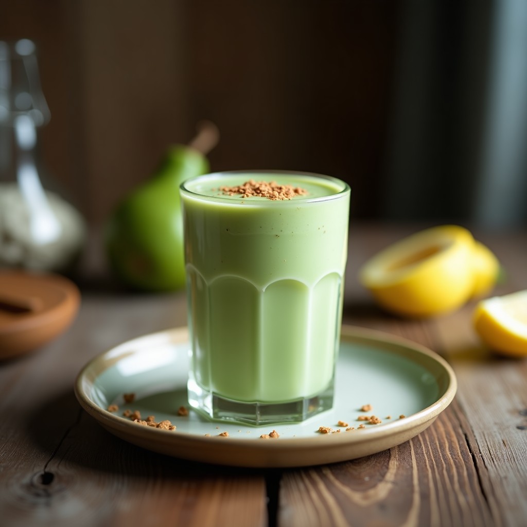 Vaso alto transparente con smoothie azul vibrante de matcha y leche de coco, decorado con semillas de chía y un toque de matcha en polvo, sobre fondo blanco con hojas verdes.