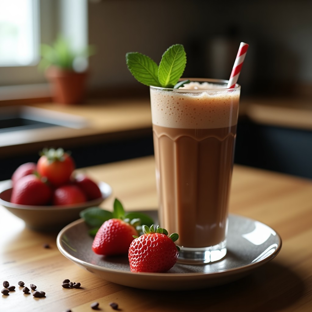 Vaso alto de cristal con smoothie de café y cacao keto, espeso y cremoso, con espuma en la superficie y un espolvoreado de cacao y canela. Fondo con semillas de chía y granos de café.