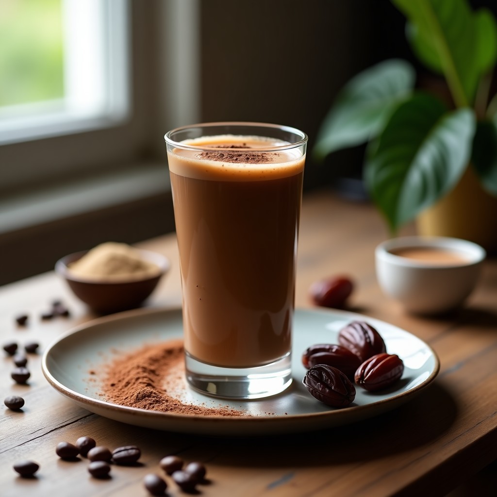 Vaso alto de cristal con smoothie de café y cacao, espolvoreado con cacao en polvo y nuez moscada, sobre una mesa de madera con granos de café y dátiles al fondo.