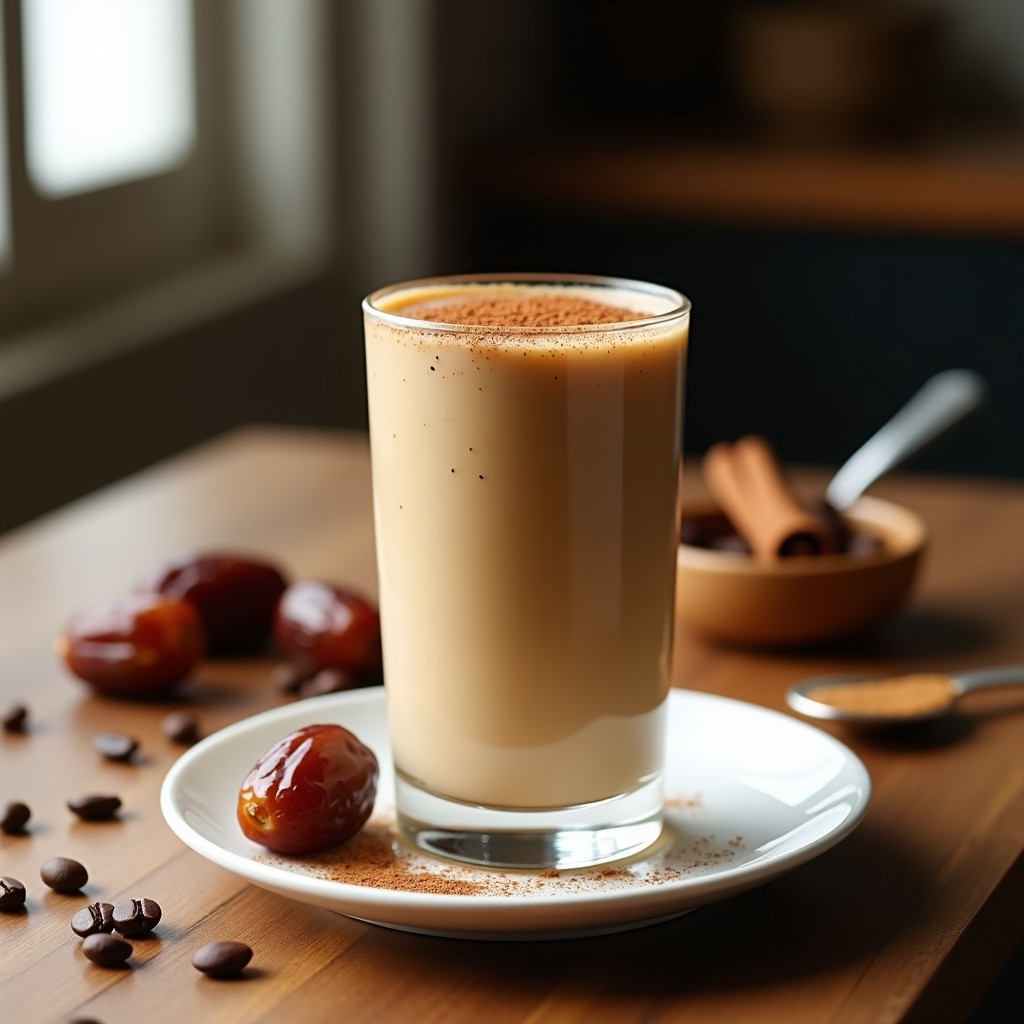 Vaso alto de cristal con smoothie de café, canela y dátiles keto, textura cremosa y color marrón claro, decorado con pizca de canela en polvo y semillas de chía en la superficie, sobre fondo rústico de madera con granos de café y dátiles al lado.