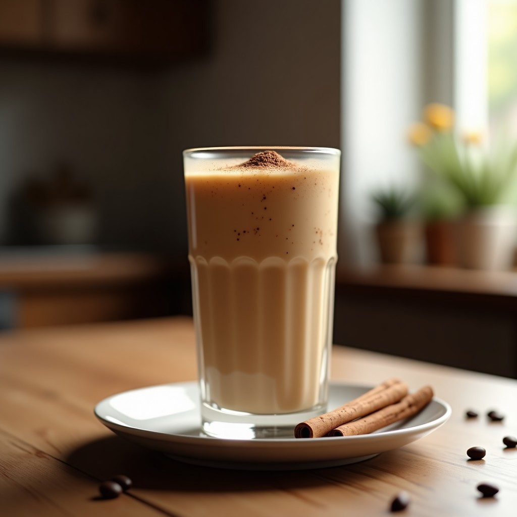 Vaso alto transparente con smoothie de café y canela proteico, espuma cremosa en la superficie, espolvoreado con canela en polvo y semillas de chía, fondo de granos de café y rama de canela, luz natural suave.