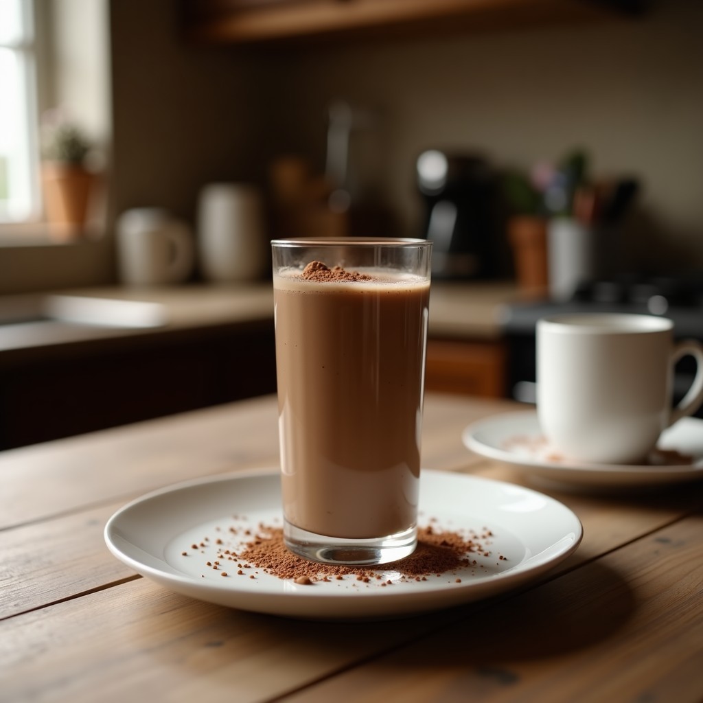 Vaso alto de cristal con smoothie de café y chocolate proteico, espuma cremosa en la superficie, decorado con cacao en polvo y almendras fileteadas, fondo rústico con granos de café.