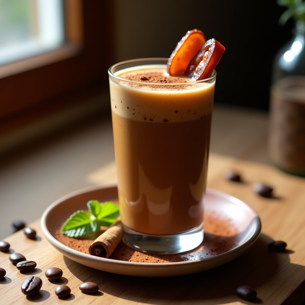Vaso alto transparente con smoothie de café y dátiles, color marrón claro con espuma cremosa, decorado con canela en polvo y semillas de chía, sobre fondo de madera rústica con granos de café y dátiles alrededor.