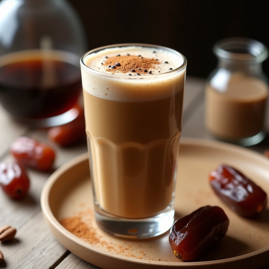 Vaso alto transparente con smoothie de café y dátiles con leche de almendras, espumoso y frío, decorado con semillas de chía y una pizca de canela en polvo sobre la superficie. Fondo con ingredientes: dátiles Medjool, granos de café y almendras.
