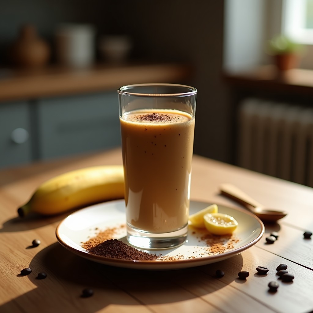 Vaso alto transparente con smoothie de café energético espeso y cremoso, decorado con semillas de chía y canela, junto a un plátano y granos de café sobre una mesa de madera rústica.