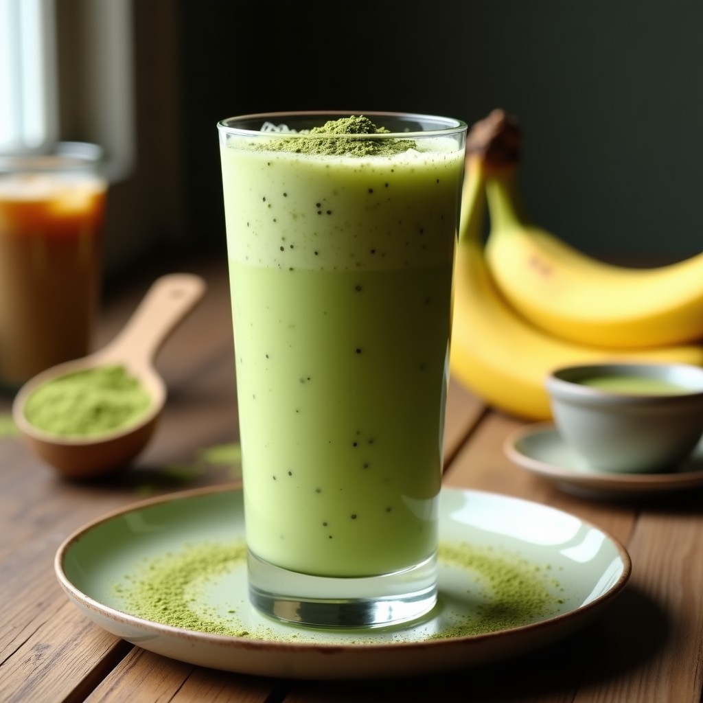 Vaso alto transparente con smoothie de café y matcha proteico, cremoso y de color verde claro con espuma. Decorado con semillas de chía y un espolvoreado de matcha en polvo sobre la superficie. Fondo con ingredientes como plátano, café y cucharita de madera.