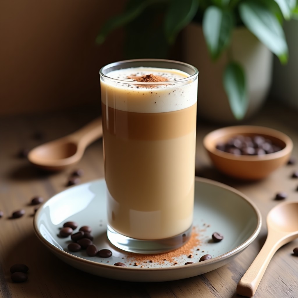 Vaso alto transparente con smoothie de café proteico overnight, capas cremosas de color marrón claro, decorado con semillas de chía y canela en polvo, fondo con granos de café y una cuchara de madera.