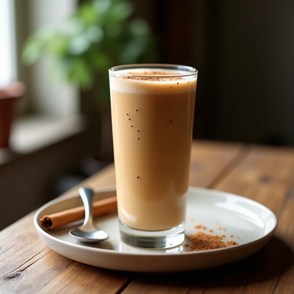 Vaso alto transparente con smoothie espeso de color marrón claro, preparado con café, batata y proteína, decorado con semillas de chía y un toque de canela en polvo.