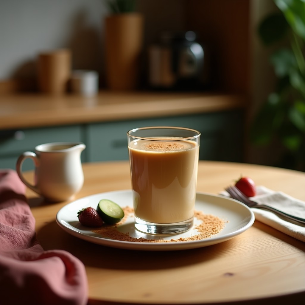 Vaso alto transparente con smoothie cremoso de café y tofu ahumado, espolvoreado con canela y cacao, sobre una mesa de madera con granos de café y una cuchara.