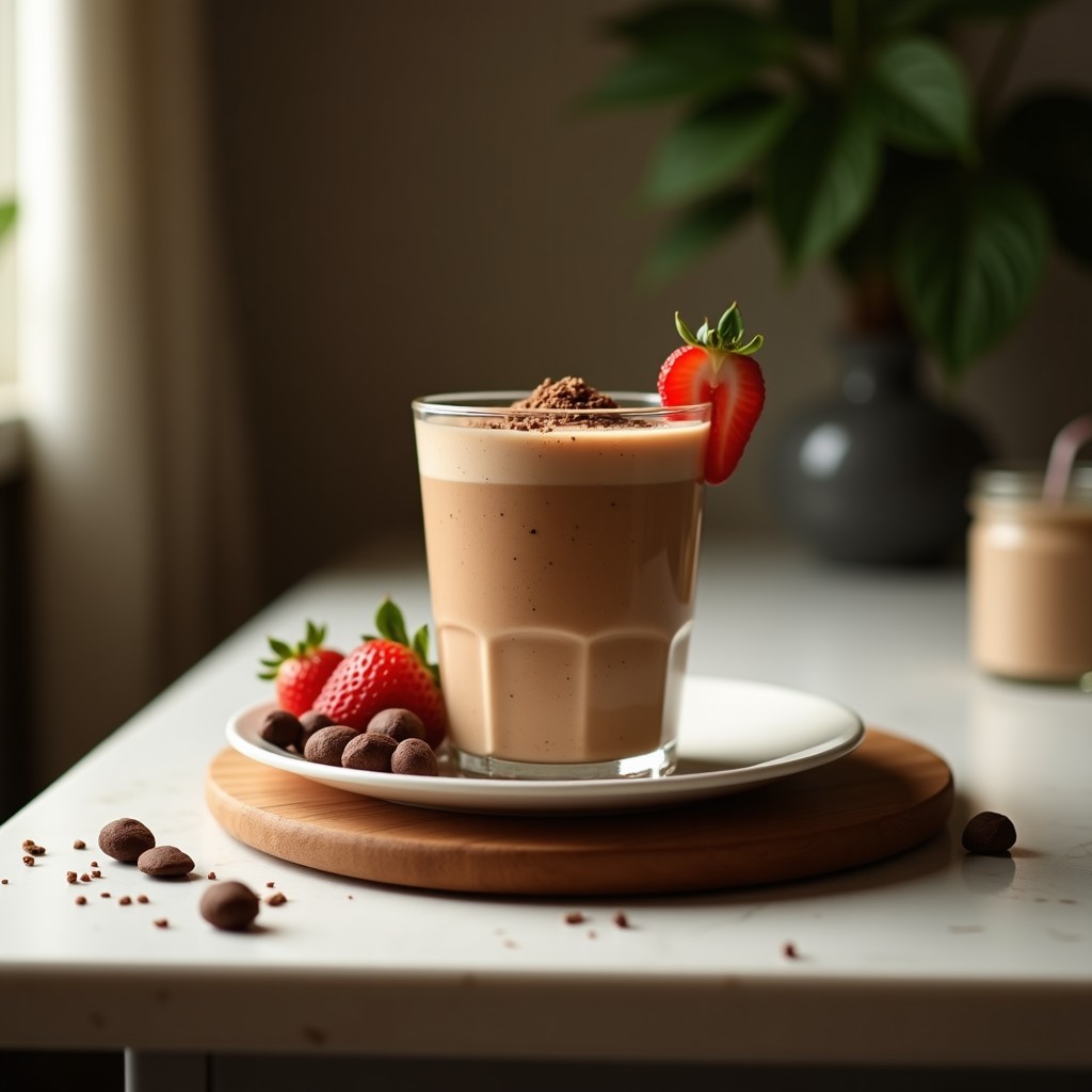 Vaso alto transparente con smoothie de café y tofu sedoso, espuma cremosa en la superficie, decorado con cacao en polvo y virutas de chocolate negro sobre fondo de madera oscura.
