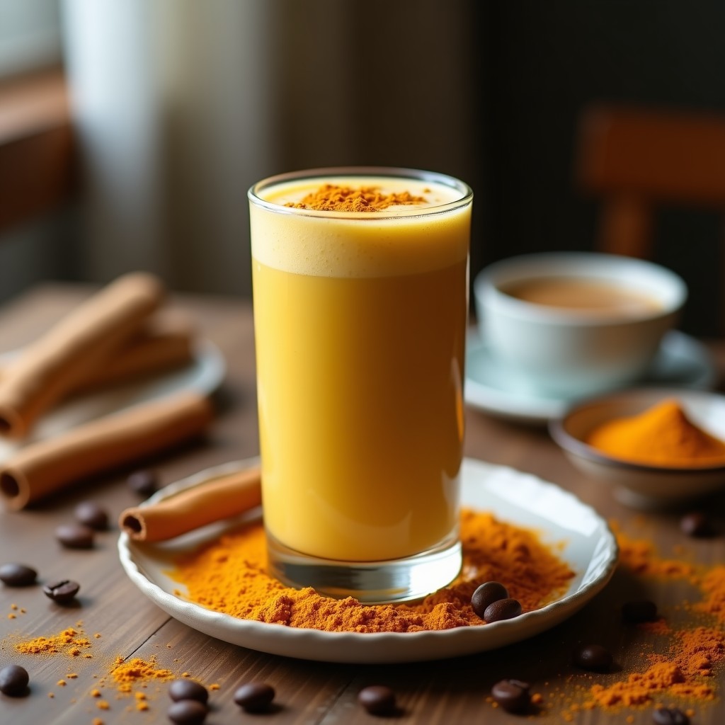 Vaso alto de cristal con smoothie de café y cúrcuma, espuma cremosa en la superficie, decorado con una pizca de cúrcuma y canela, sobre fondo de madera rústica con granos de café y una ramita de canela al lado.