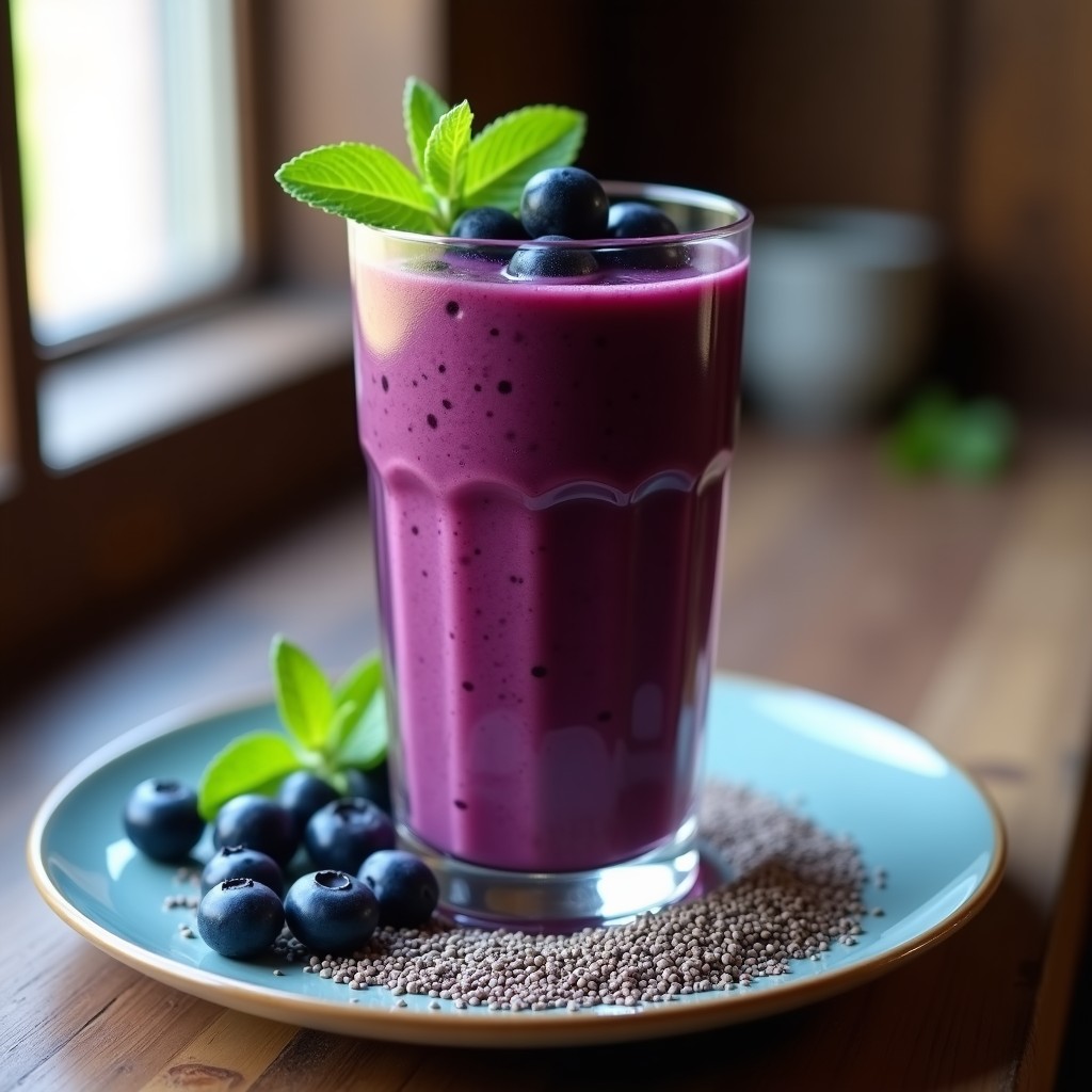Vaso alto transparente con smoothie de camu camu y arándanos de color morado intenso, decorado con semillas de chía y arándanos frescos, sobre una mesa de madera con hojas de menta y polvo de camu camu espolvoreado.