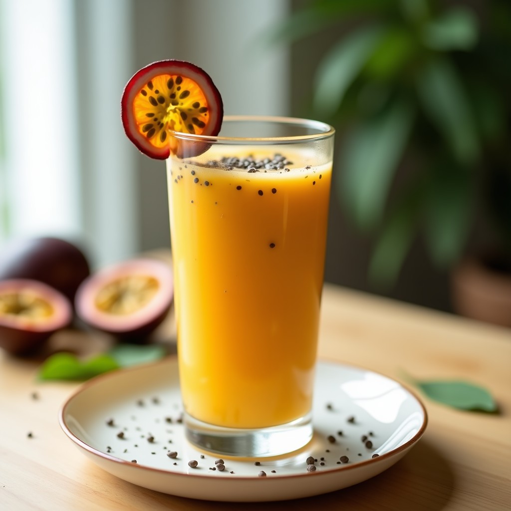 Vaso alto transparente con smoothie de camu camu y maracuyá, de color naranja intenso con vetas amarillas, decorado con semillas de chía en la superficie y una rodaja de maracuyá al borde. Fondo natural con hojas verdes y luz suave, resaltando la textura cremosa de la bebida amazónica antioxidante.